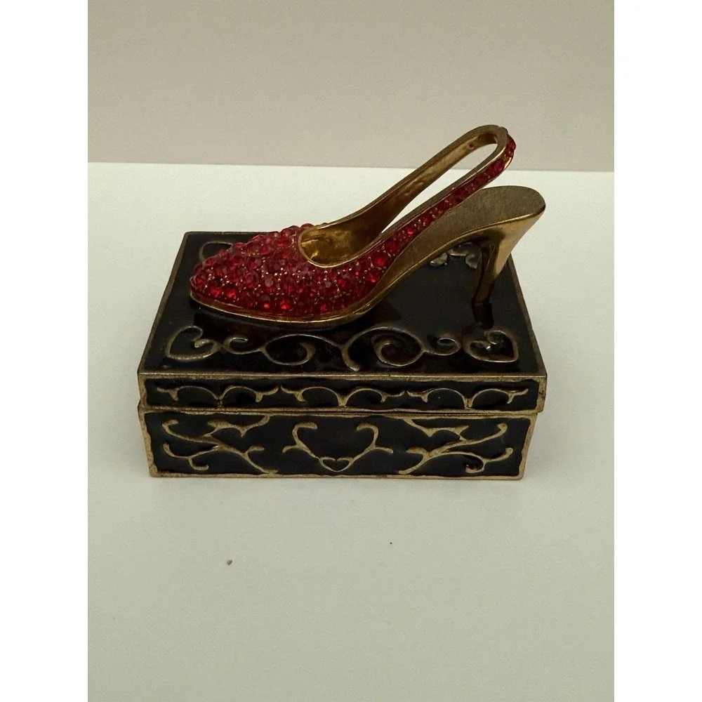 Trinket‎ Pill Box Stiletto High Heel Ruby Red Slipper Jeweled Vintage Enamel